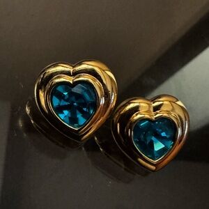 Vintage Gold Heart Earrings with Blue Gemstone